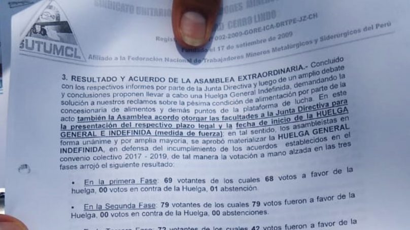 Sindicato de mina Cerro Lindo inicia huelga indefinida